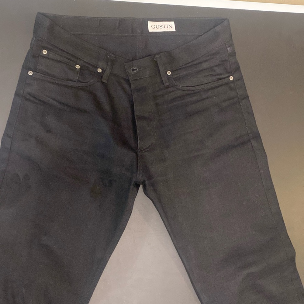 Gustin made in California raw black jeans (Italy black). 35 waist 36 inseam